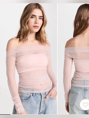 Pixie Market Blush Pink Off-the-Shoulder Sheer Long Sleeve Top